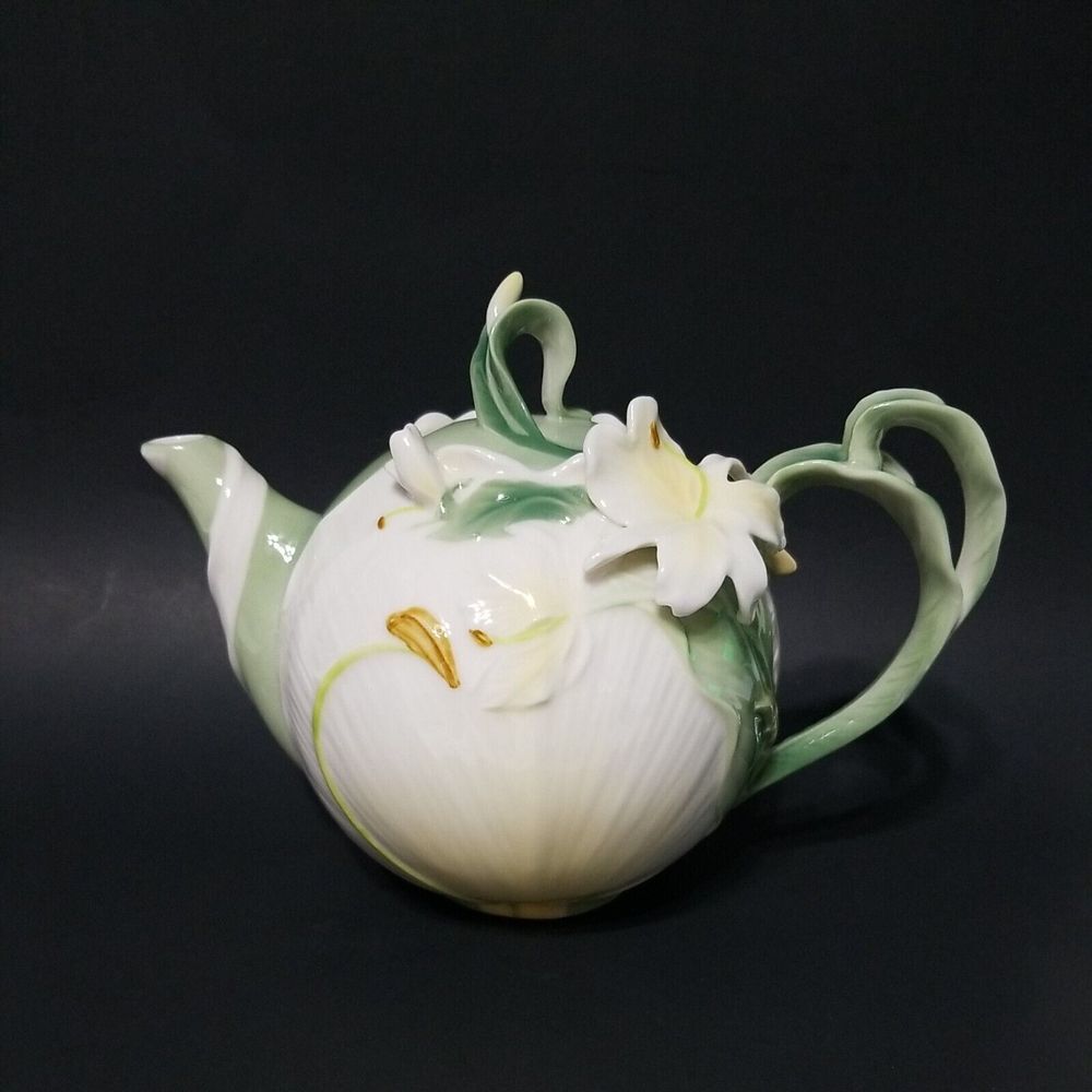 Pier‎ 1 Imports Ginger Lily Teapot Floral Whimsical White Porcelain Hand Painted